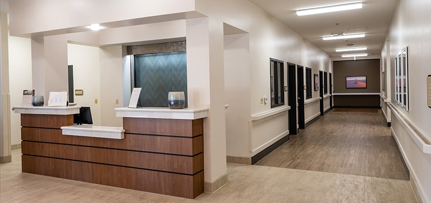 Nursing station and resident room hallway.